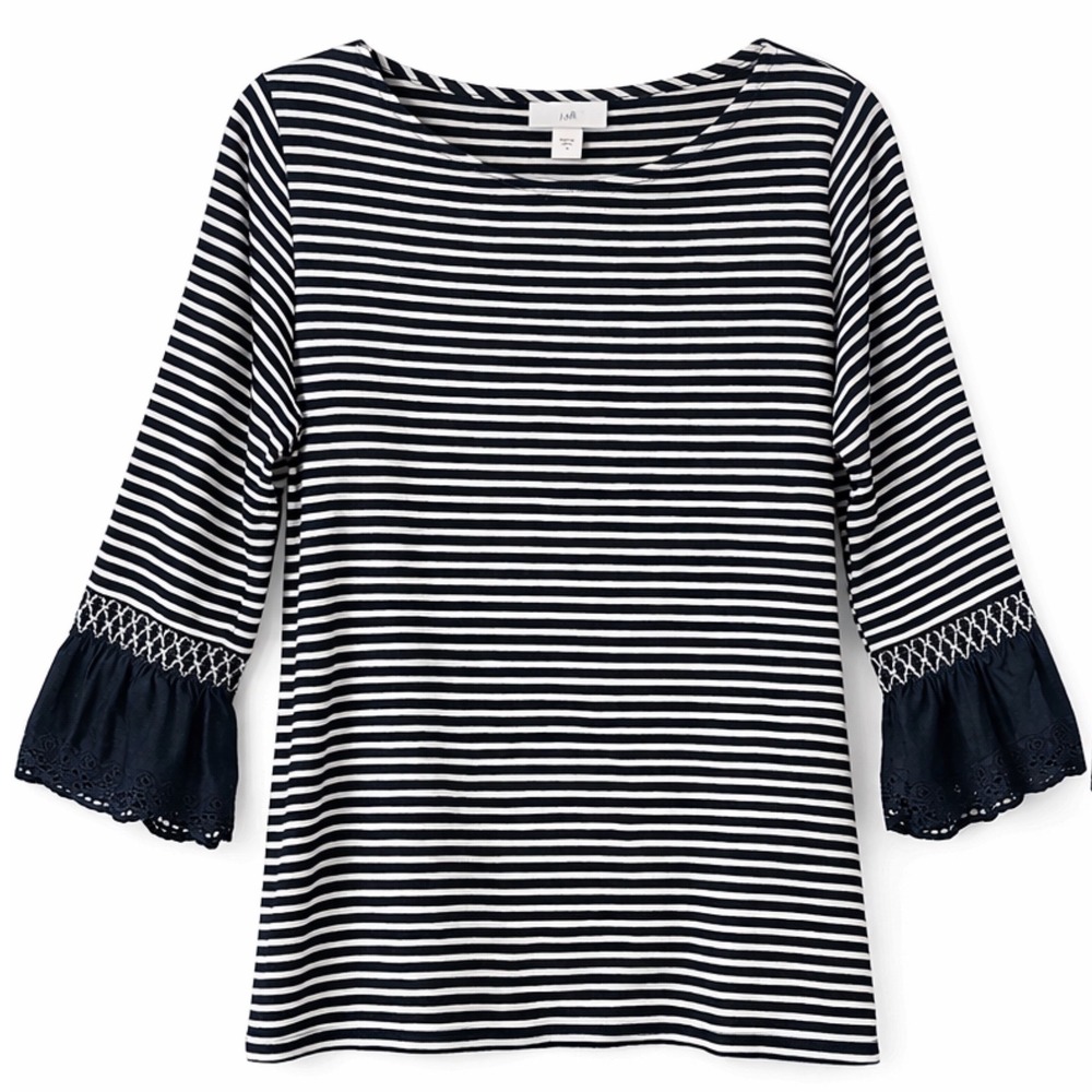 J. Jill Navy White Striped Ruffle Sleeve Eyelet‎ Knit Top Womens Medium M